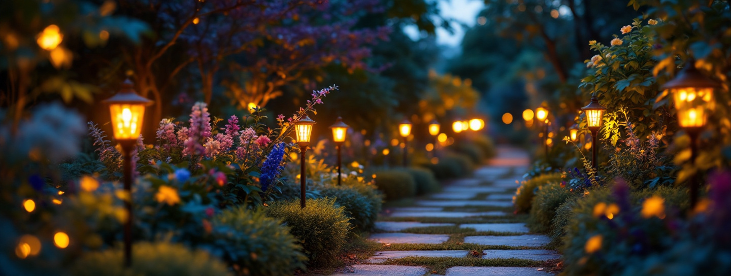 Solarleuchten beleuchten einen Gartenweg in der Abenddämmerung