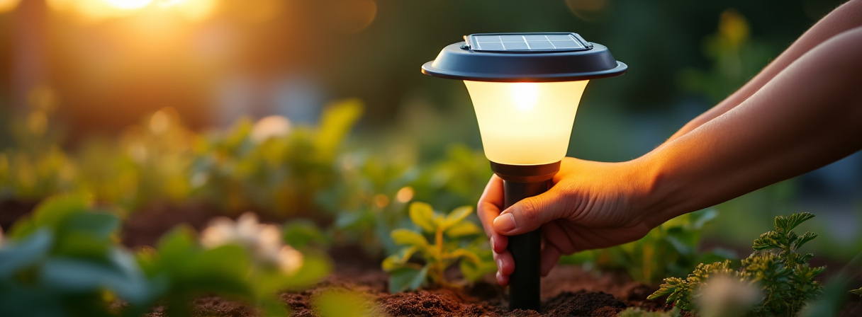Verschiedene Solarleuchten und ein Solarpanel im Garten