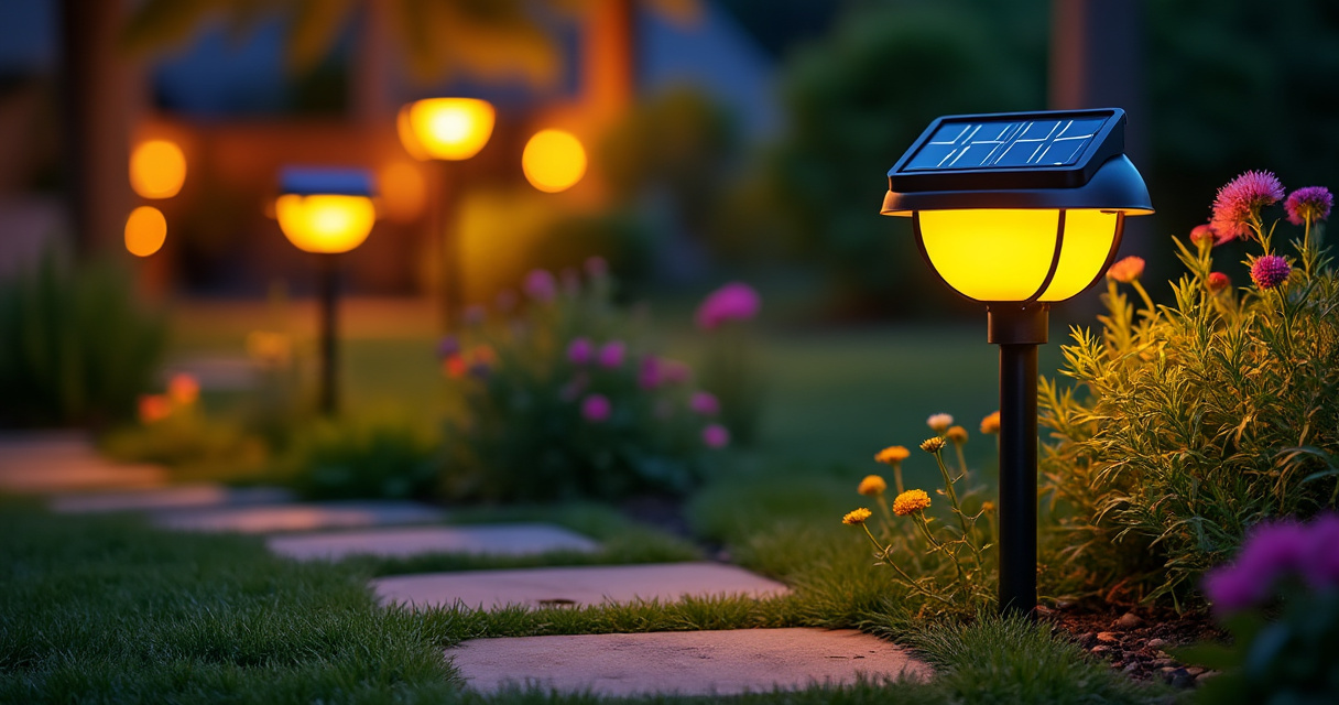 Solar-Beetleuchten in verschiedenen Formen zwischen Blüten und Rasen