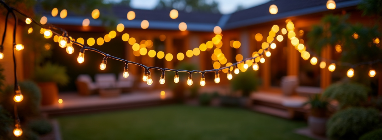 Warmweiße Solar-Lichterkette über einer Terrasse