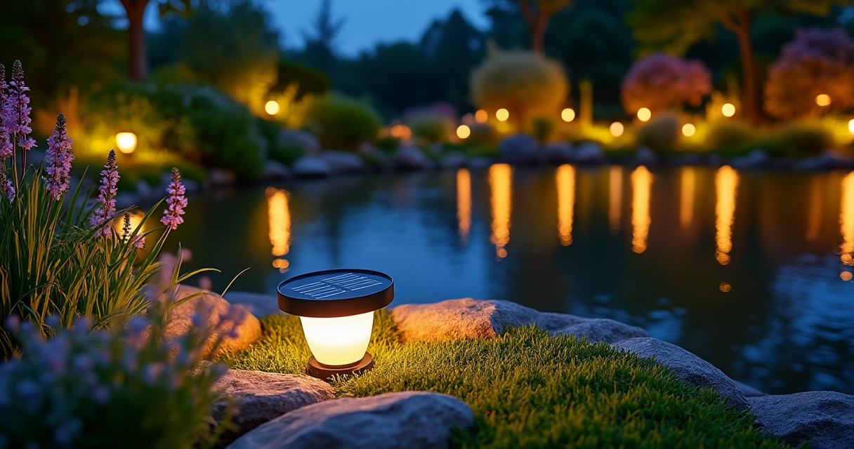 Solar-Teichleuchten schwimmend auf einem Gartenteich nachts