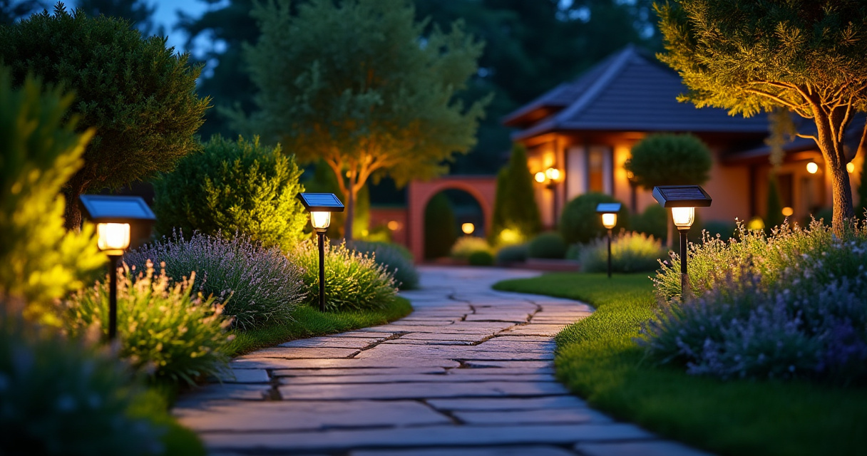 Set Solar-Wegeleuchten am Gartenweg