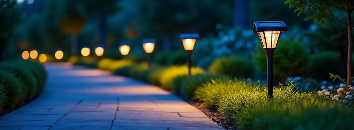 Solar-Wegeleuchten säumen einen Gartenweg in der Dämmerung