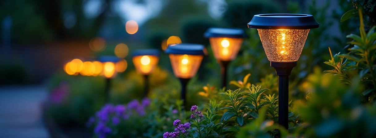 Dekorative Solarleuchten im abendlichen Garten